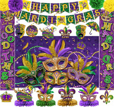 Mardi Gras Decorations Include Backdrop, Banner, Hanging Swirls, Porch Sign, Pap