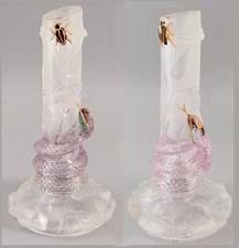 2 Antique French Baccarat Glass Snake & Insect Beetle Aesthetic Crystal Vases 