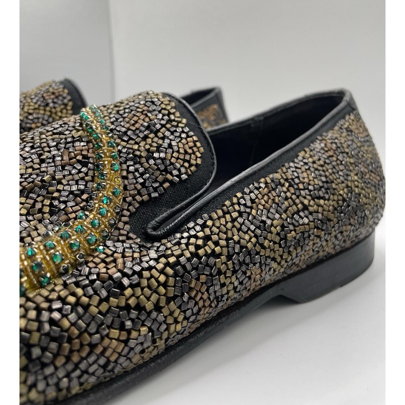 Donald J Pliner Signature Size 10.5 Black Leather Loafers- Gold/Green Beaded image 7
