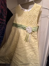 Girls Yellow A-Line Lace Floral Dress with Green Bow and Flower Accent