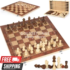 17" LARGE Vintage Wooden Chess Set Wood Board Hand Carved Crafted Folding Game