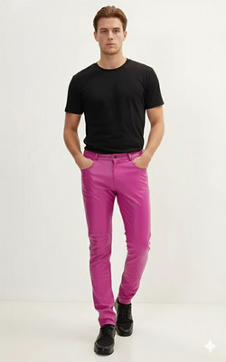 Pant Handmade Genuine Casual Soft Men New Pink Party Wear Biker Lambskin Leather