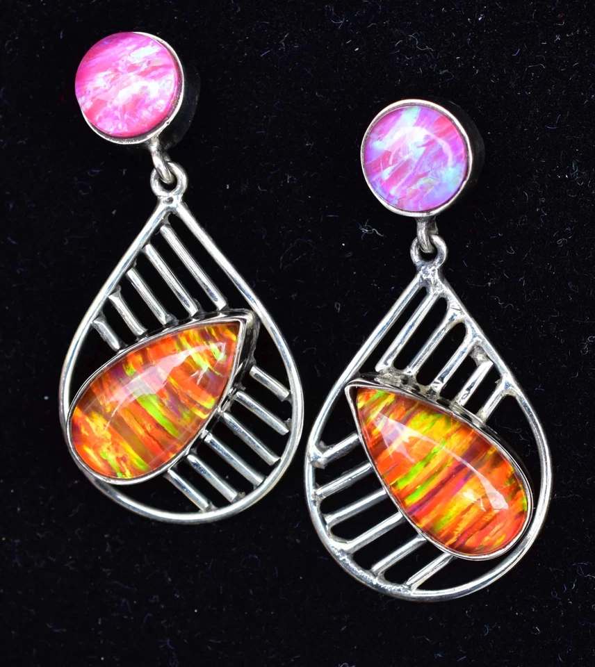 Pendientes bisel plata esterlina 925 pera ópalo de fuego naranja 42,80 quilates joyería para mujer Foto 4 de 4