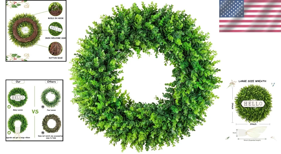 Corona de boj grande 24" - decoración de puerta delantera todo redondo Foto 2 de 4