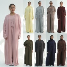 Soild Color Open Cardigan Abaya Top Blouse Pants Sets 3 Piece Kaftan Islamic