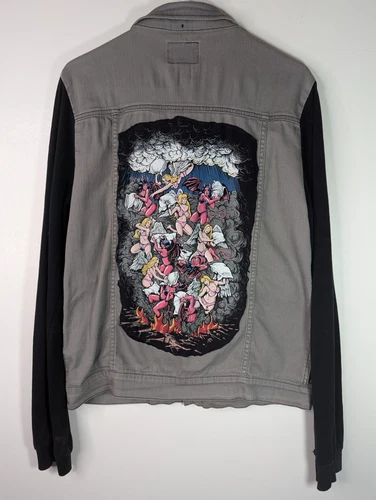 RHUDE Giacca Rude M Grafica Angeli Demoni Cuscino Lotta Fatta a Mano Grigio Nero Invecchiato