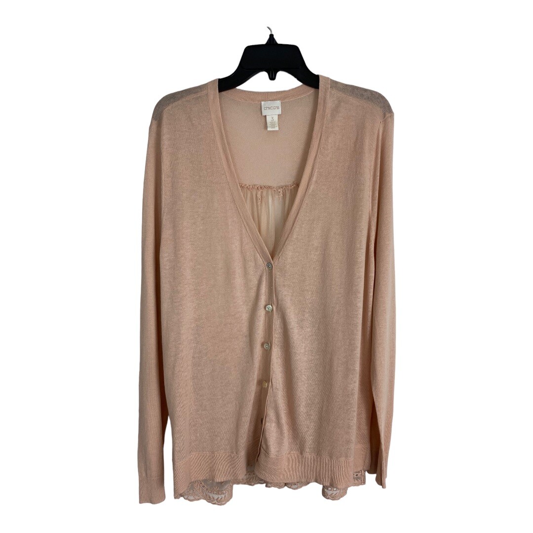 Chicos Womens Sweater Cardigan Adult Size 3=XL Peach Long Sleeve Sheer Back
