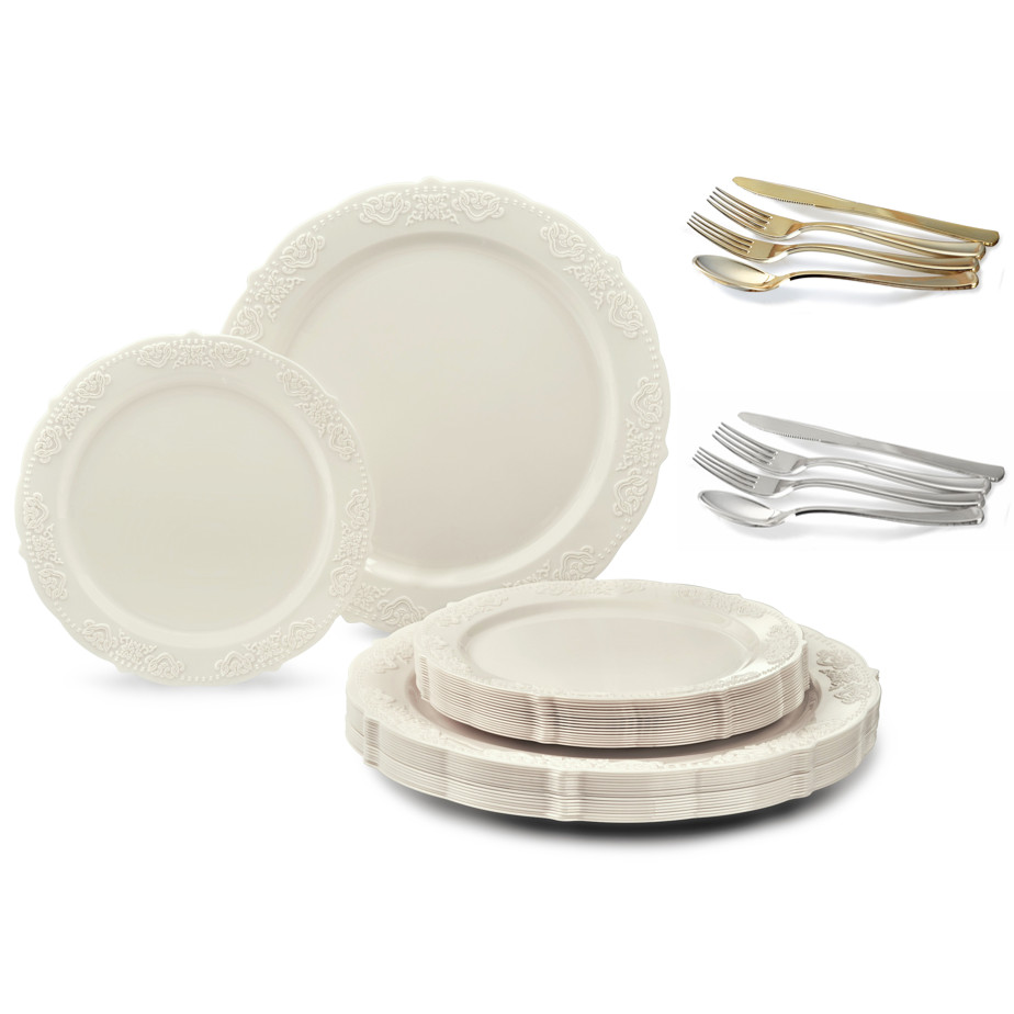 " OCCASIONS " Vintage Bulk Wedding Party Disposable Plastic Plates & Silverware 