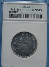Monaco 1943 2 Francs ANACS MS60! Seltenheit! Hohes Grading!