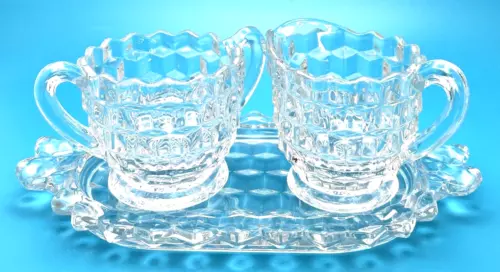 3 Piece Fostoria American Glass Creamer Sugar Bowl Tray Set American Clear Used