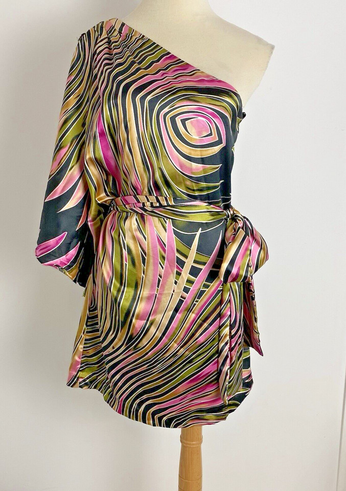 Farenheit One Shoulder Dress Retro Print Palm Satin Kaftan Size 8 Black Pink