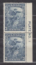 1934 #208 3¢ JACQUES CARTIER F-VF PAIR FULL PLATE NO. 1 IMPRINT