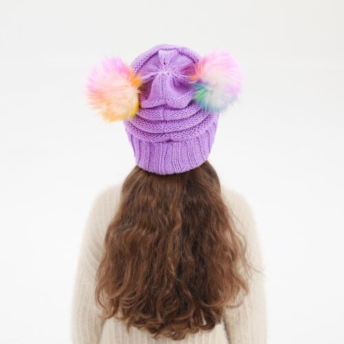 Kids Winter Knitted Beanie Hat Colorful Pompom Ears Ski Hat for Boy GirlAges ... - Picture 7 of 7