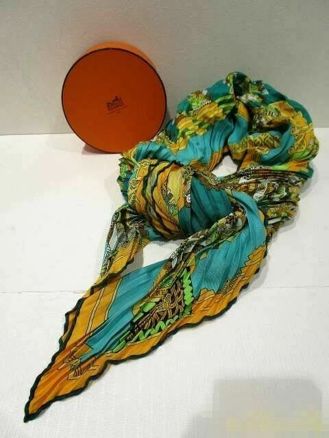 HERMES Accordion Scarf GRN YEL Silk 100% 90cmx90cm Native Indian pattern  Box | eBay