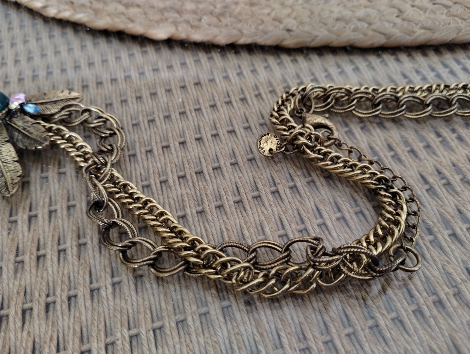 Adolfo Dominguez Necklace Gold Tone Feather Green Purple Cabochon