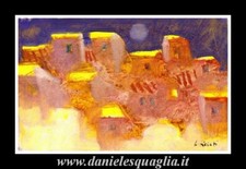 PAESAGGIO CON CASE BORGO ROSATI LUIGI DIPINTO ORIGINALE OLIO  SU CARTA 17X12