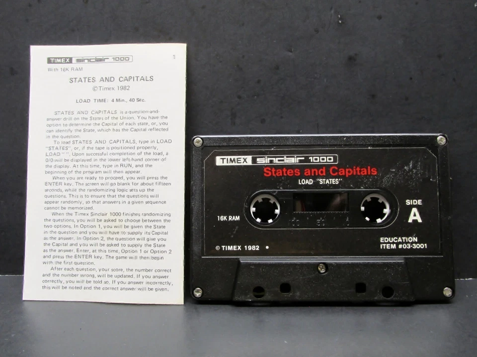 States and Capitals, Timex Sinclair 1000, 1983, Cassette & Manual, Never Used - Image 2 of 4