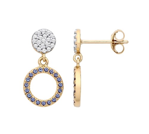 9ct Yellow Gold on Silver Blue Sapphire CZ Circle of Life Drop Stud Earrings - Picture 2 of 6
