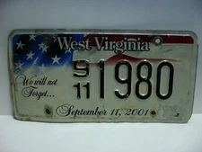 2002 (?) West Virginia State License Plate  We Will Not Forget  9 11 1980  