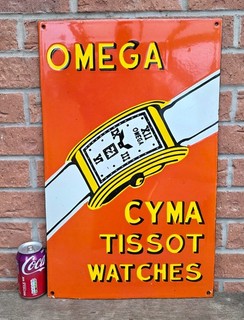 SUPERB VERY LARGE OMEGA CYMA TISSOT WATCH ENAMEL SIGN MANCAVE / GARAGE