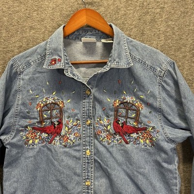 Bobbie Brooks Women M Denim Embroidered Cardinal  Long Sleeve Shirt