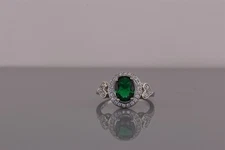 Sterling Silver Oval Green Cubic Zirconia Halo Heart Band Ring STS 925 Sz: 7
