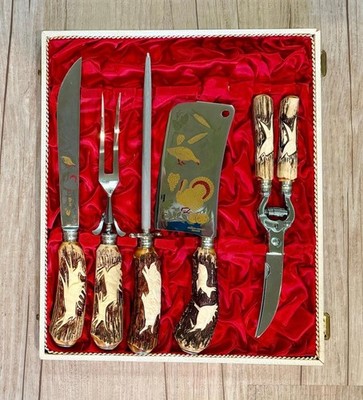 S588 HEAM KONEJUNG SOLINGEN カービングセット 牙調 Vintage Solingen Germany 5 Piece Carving Set Stag Horn Antler
