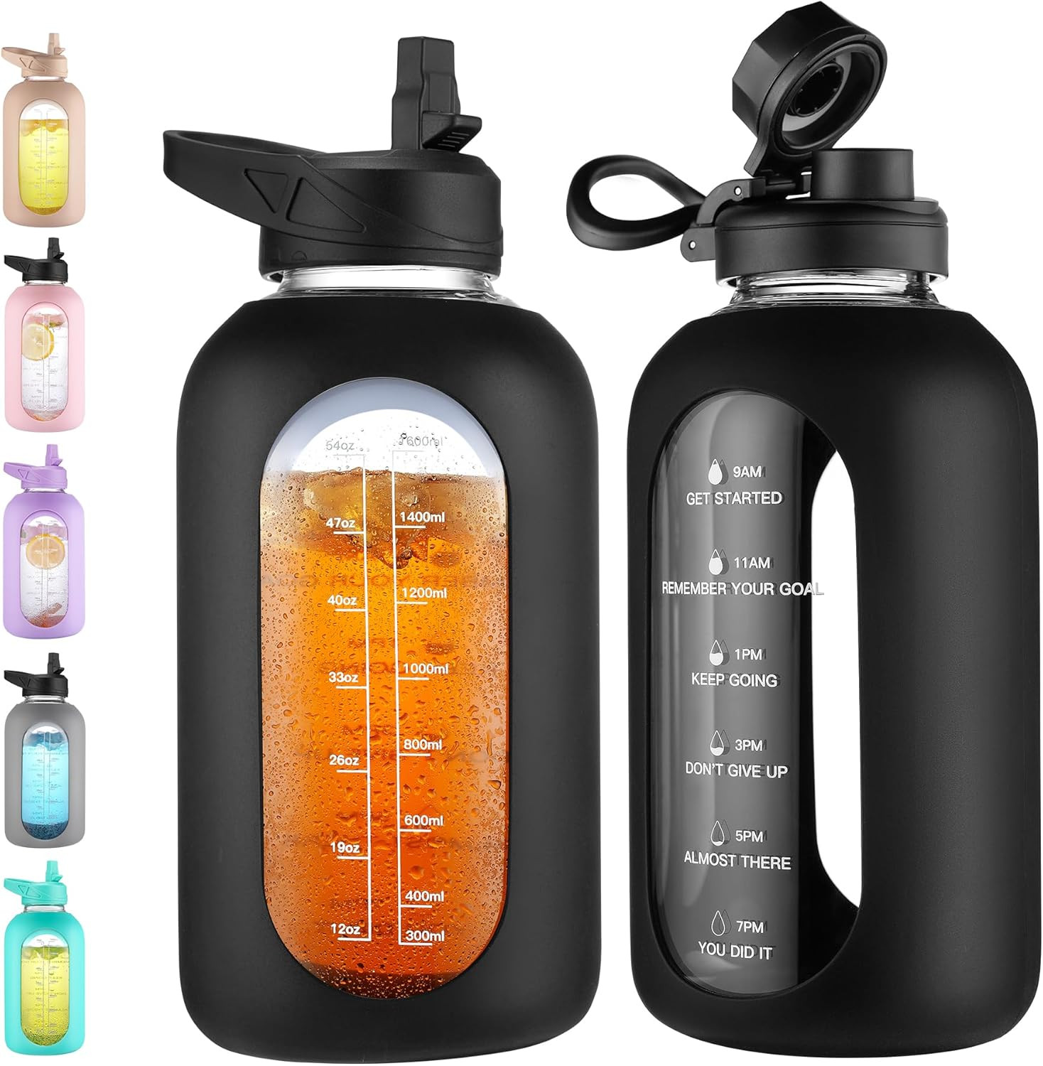 64 Oz Glass Water Bottle Jug with Straw Handle Half Gallon Sports Motivational