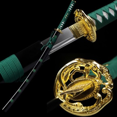 Full Tang Green Sakura JP Samurai Katana Sword Sharp T10 Steel Clay Tempered
