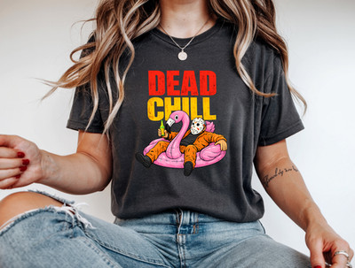 Dead Chill Horror T-Shirt Funny Slasher Flamingo Pool Float Graphic Tee
