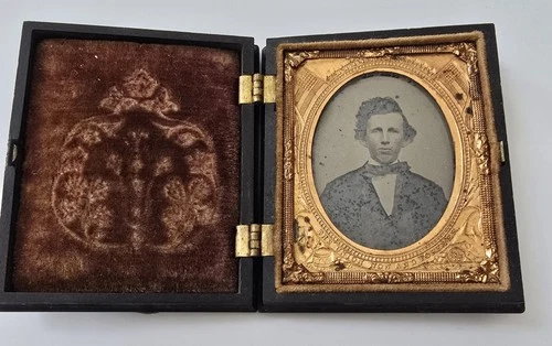 6th Plate Ambrotype of Young Man - Thermoplastic Union Case w/ Cherub & Flowers