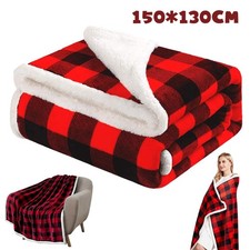 Image of Red Checked Sherpa Fleece Blanket Fluffy Throw Double 150x130cm Check Tartan