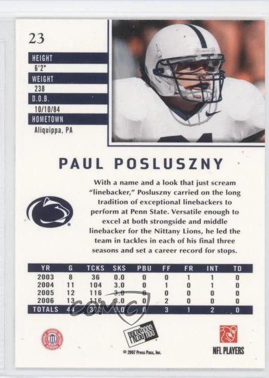 2007 Press Pass SE Paul Posluszny #23 Rookie RC - Image 2 of 2