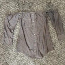 Vintage Off Shoulder Pearl Snap Shirt Western Boho Cowgirl Blouse Brown OSFM