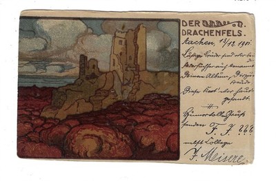 1901 Drachenfels ruins near Königswinter Germay Artist Franz Hein Postcard 3360