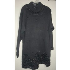 Vintage Victoria Jones Sweater Dress Black Knit Pullover Black Beading Loose Fit