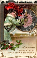 1908 New Years Postcard Stylish Lady Puts Clock Hands at Midnight R Tuck
