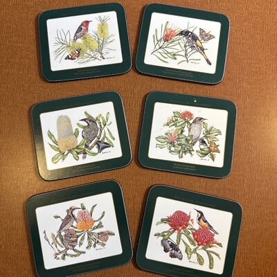 Vintage Australian Geographic Coasters With Cork Base Native Birds Set Of 6
