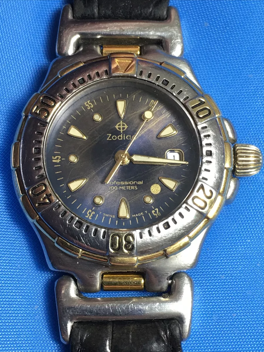 Vintage Zodiac Professional Blue Gold Brush Dial Swiss made Women s Watch