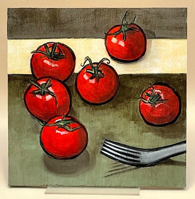 Ein McLaren Stillleben Impressionist Tomaten und Gabel, Original Kunst Ölgemälde