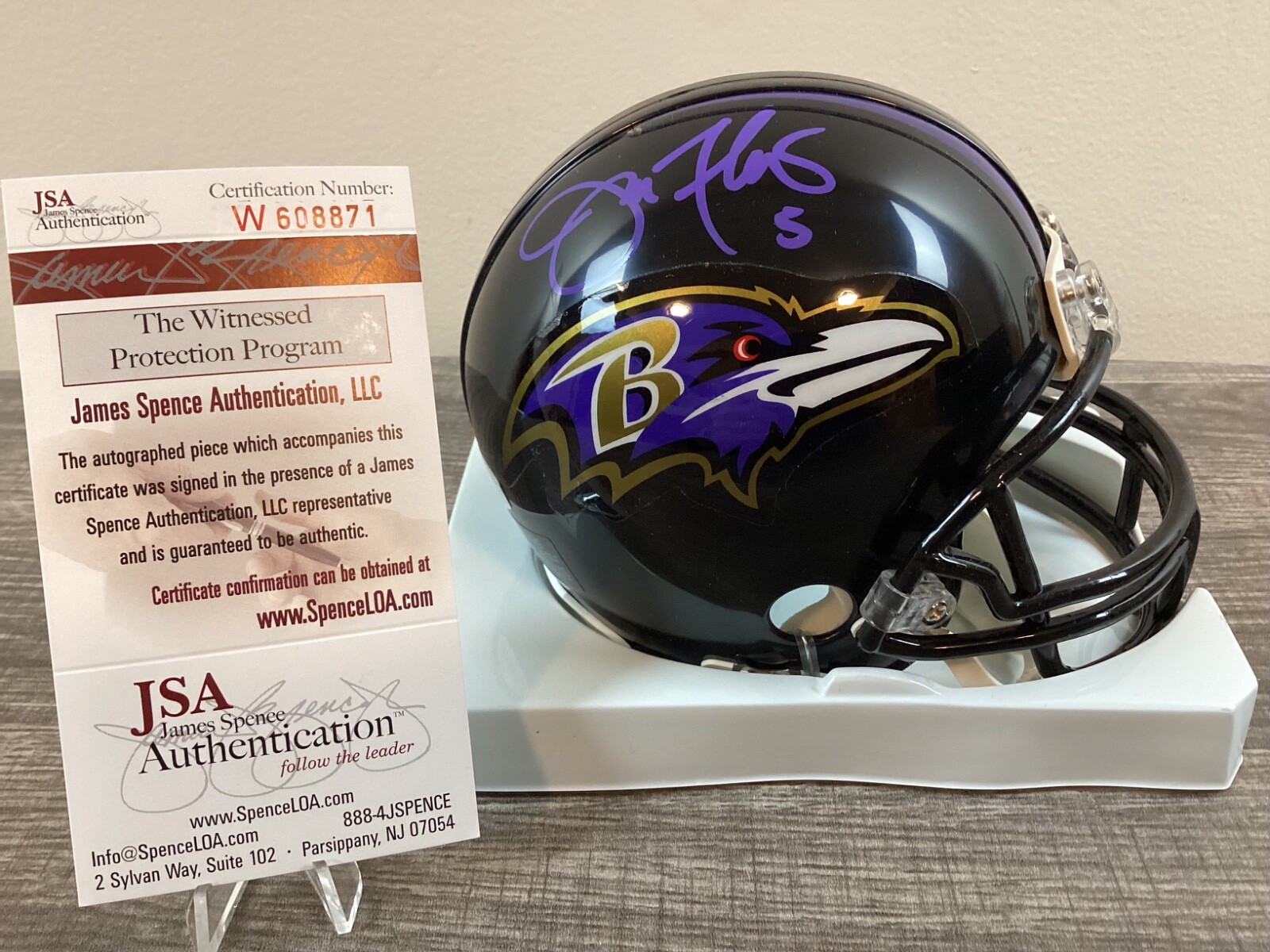 (SSG) JOE FLACCO Signed NFL Football "Baltimore Ravens" Mini Helmet - JSA COA 