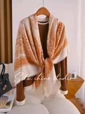 Elegant Classic Style-Luxurious 30% Silk 70% Wool Orange Paisley Shawl Wrap-53"