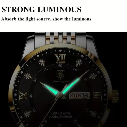 POEDAGAR Waterproof Luminous Calendar PU Leather Men's Watches, Trendy Quartz BK - Picture 4 of 4
