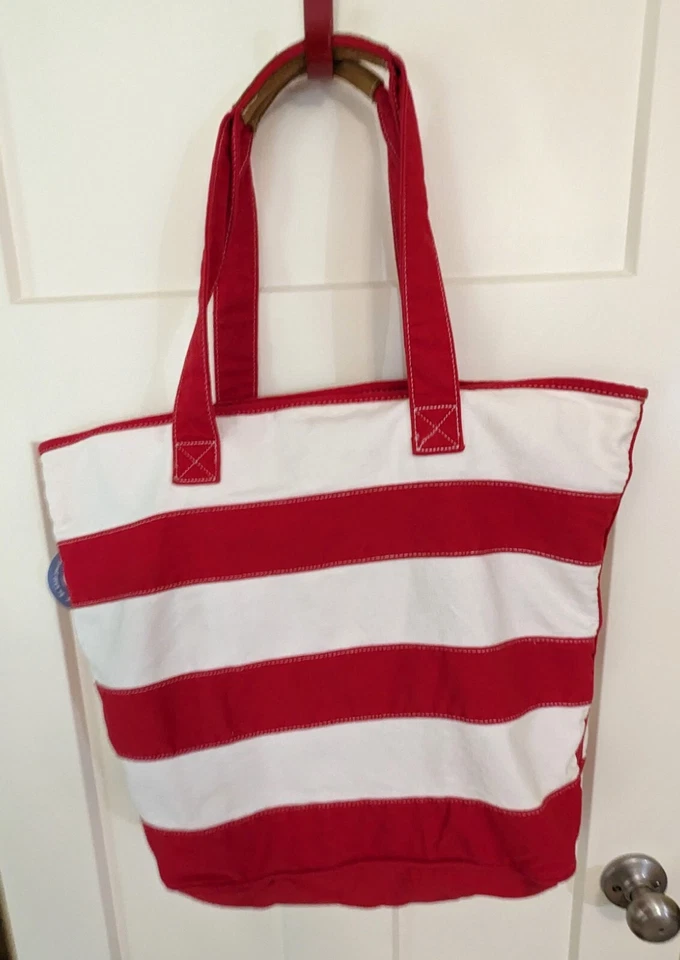 Bolso de Mano Life is Good de Lona a Rayas Rojo y Blanco, Etiqueta Colgante Original Foto 4 de 4