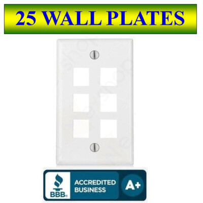 25 PACK Wall Plate 6 Port White Keystone Jack for RJ45 HDMI, USB, A/V Connectors