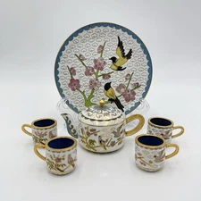 Vtg Cloisonné Enamel Chinese Bird Pattern Miniature Tea Set Dollhouse 6 PCs