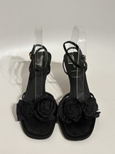 Vtg Miu Miu Black Satin Flower Sandal Heels 37.5
