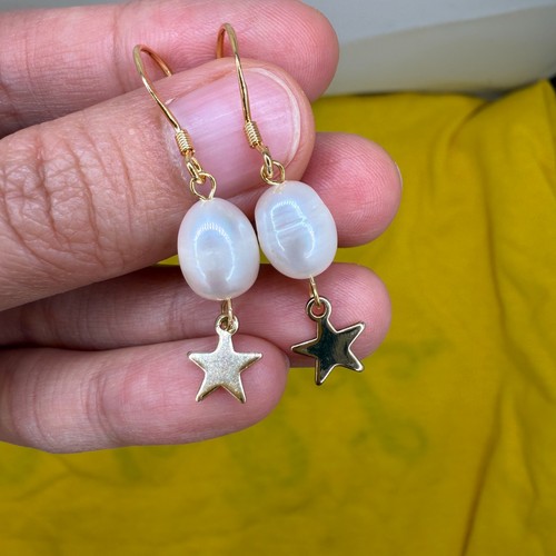 Natural Freshwater Pearl Earrings 14K Gold Plated Handmade Star Drop Women Gift