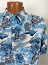 Vintage 90s Hawaiian Shirt Men Medium Surf Retro Sailboat Beach Blue Rayon Rue21
