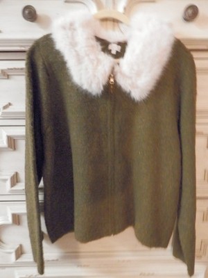 NWT - Jaclyn Smith 1XL Olive-Green Zip-Front Fur-Collar Sweater